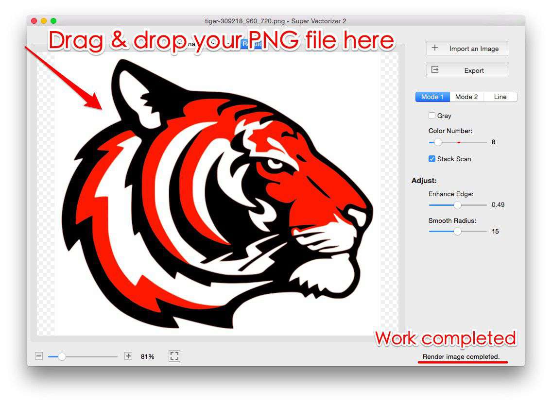Convert PNG to SVG on Mac step by step tutorial screenshot - Super Vectorizer Pro converts PNG image to SVG vector graphic