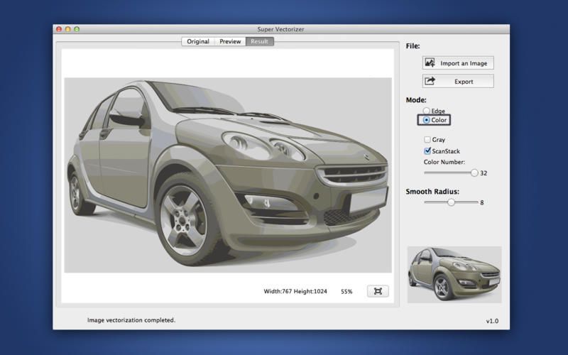 Super Vectorizer Pro desktop app showing a car photo after color-mode raster-to-vector conversion, with no upload or login required